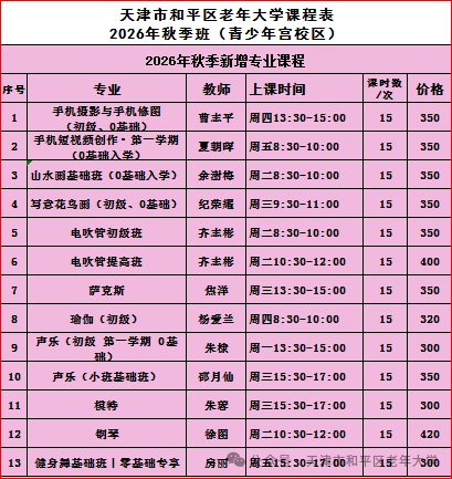【本地资讯】天津市和平区老年大学2026年秋季班招生简章